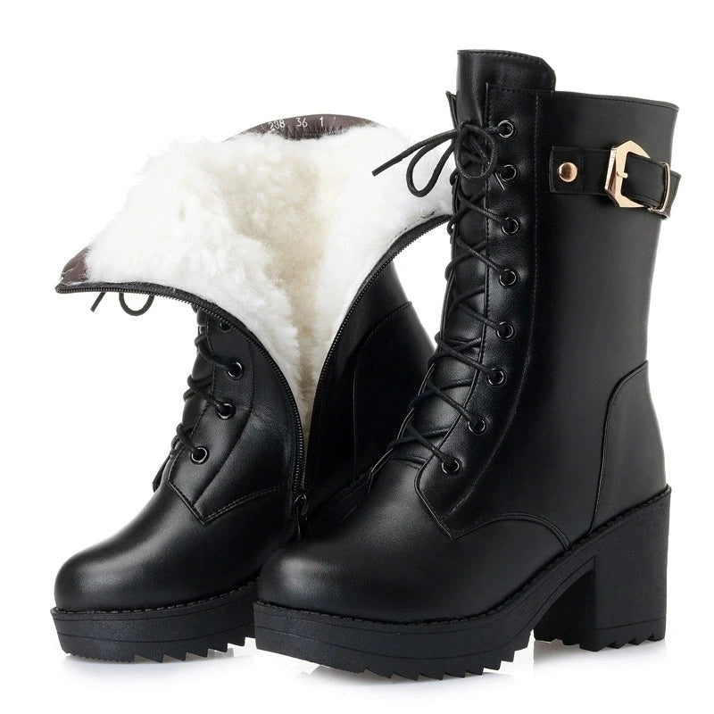 Women’s Winter Boots -30°C – Genuine Leather, Warm Fur & Wool Lining, Mid-Calf, Zipper + Lace