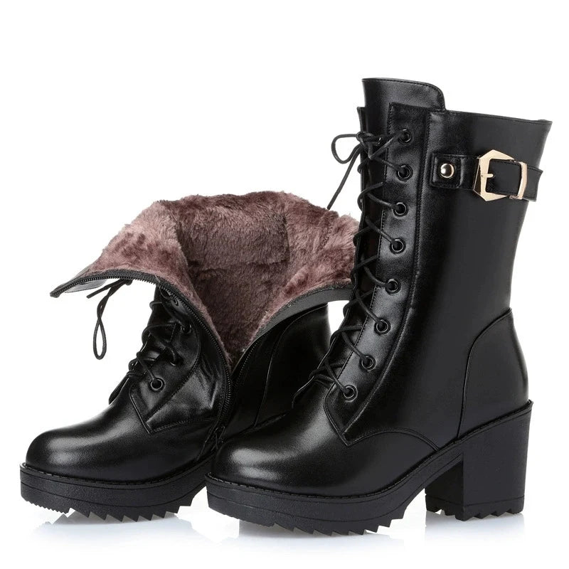 Women’s Winter Boots -30°C – Genuine Leather, Warm Fur & Wool Lining, Mid-Calf, Zipper + Lace