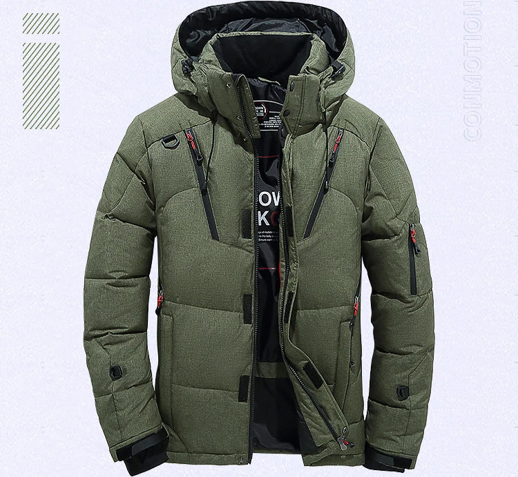Herren-Winterjacke mit weißen Entendaunen bis -30 °C – Winddichter Wintermantel, dick gefütterter Parka mit Kapuze für Reisen und Camping 