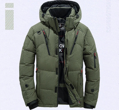 Herren-Winterjacke mit weißen Entendaunen bis -30 °C – Winddichter Wintermantel, dick gefütterter Parka mit Kapuze für Reisen und Camping 