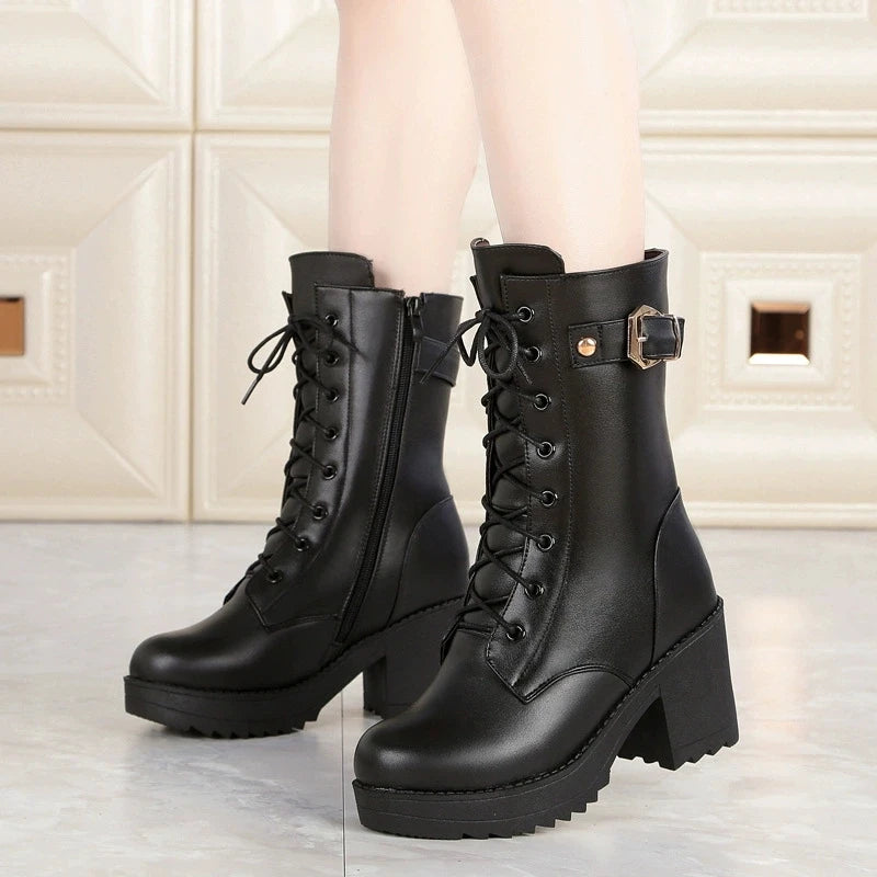 Women’s Winter Boots -30°C – Genuine Leather, Warm Fur & Wool Lining, Mid-Calf, Zipper + Lace